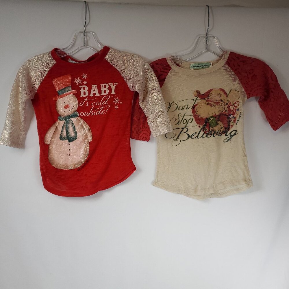 Pack of 2 Southern Grace Girls Christmas Lace Half Slv Santa Snowman Shirts 4-6Y